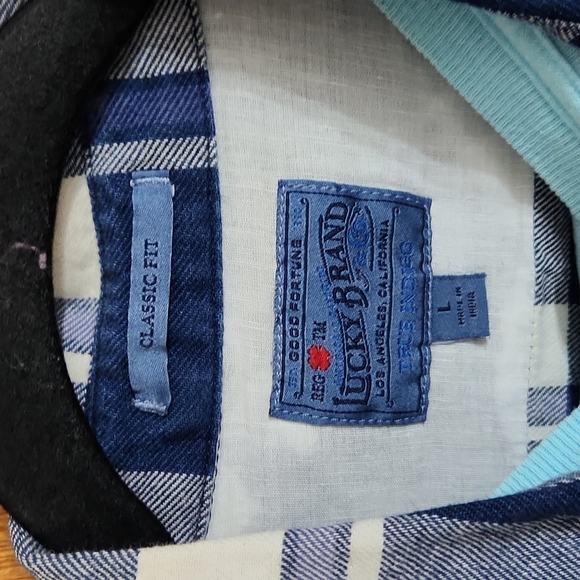 Men's L Lucky Brand Blue Plaid Button Down - Picture 2 of 3